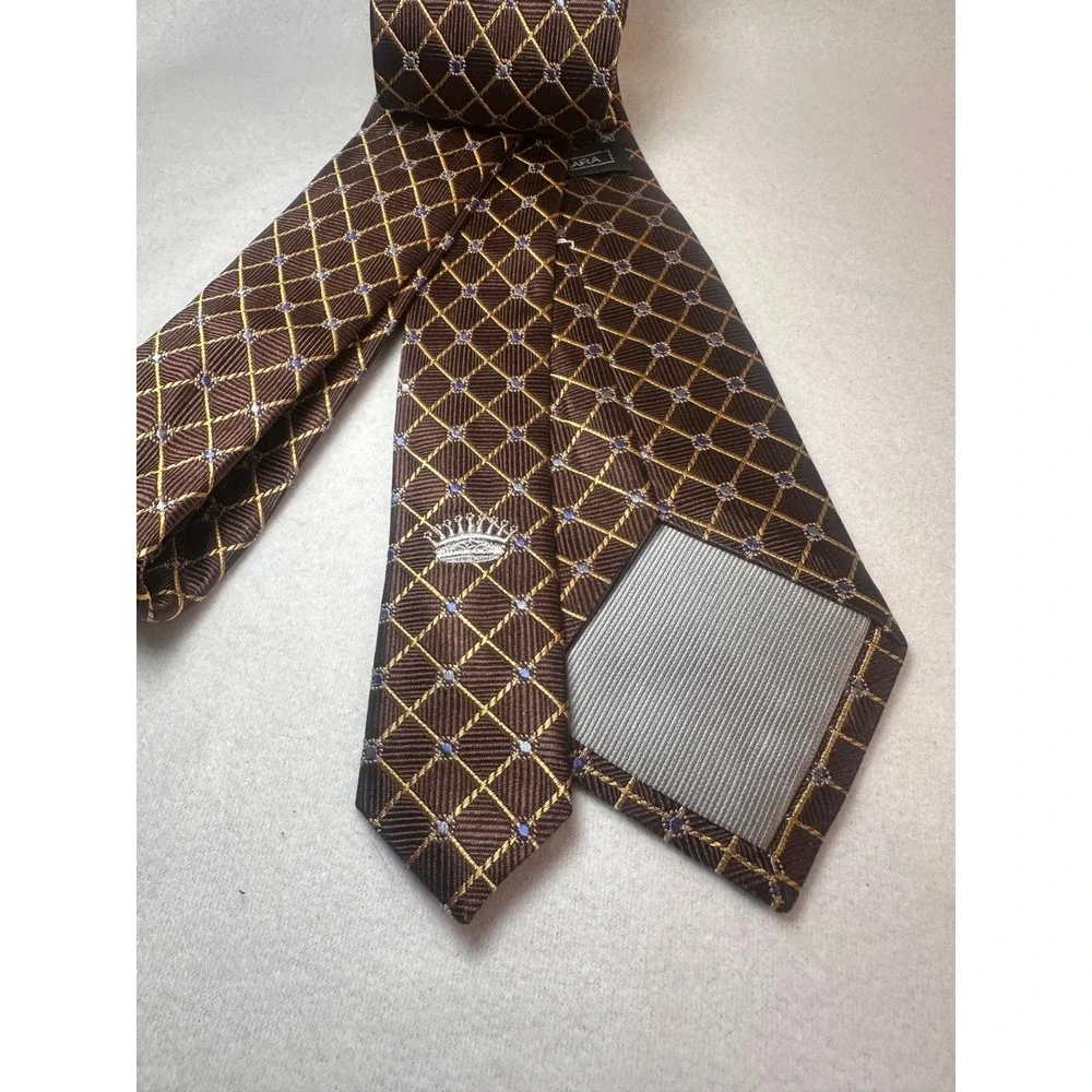 Countess Mara Mens Brown Gold‎ Silk Geometric Lattice Rope Print Necktie